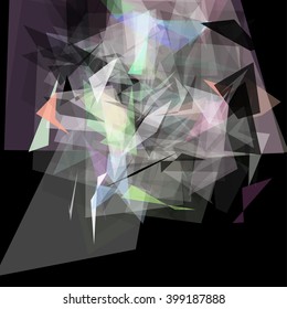 Abstract geometric pattern consisting of triangles of various sizes and transparency on a black background