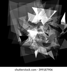 Abstract geometric pattern consisting of triangles of various sizes and transparency on a black background