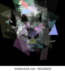 Abstract geometric pattern consisting of triangles of various sizes and transparency on a black background