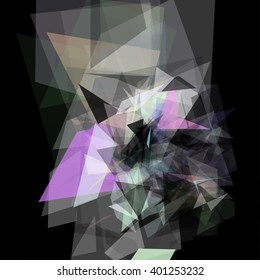 Abstract geometric pattern consisting of triangles of various sizes and transparency on a black background