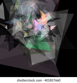 Abstract geometric pattern consisting of triangles of various sizes and transparency on a black background
