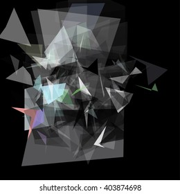 Abstract geometric pattern consisting of triangles of various sizes and transparency on a black background