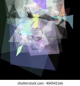 Abstract geometric pattern consisting of triangles of various sizes and transparency on a black background