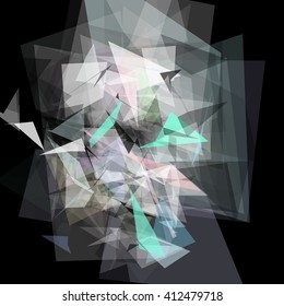 Abstract geometric pattern consisting of triangles of various sizes and transparency on a black background