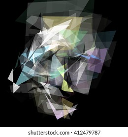Abstract geometric pattern consisting of triangles of various sizes and transparency on a black background