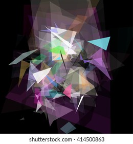 Abstract geometric pattern consisting of triangles of various sizes and transparency on a black background