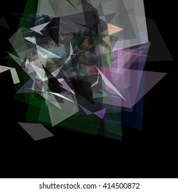 Abstract geometric pattern consisting of triangles of various sizes and transparency on a black background