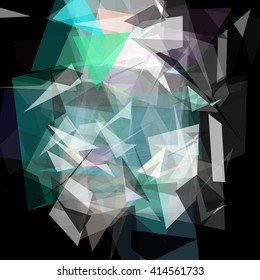 Abstract geometric pattern consisting of triangles of various sizes and transparency on a black background