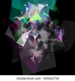 Abstract geometric pattern consisting of triangles of various sizes and transparency on a black background