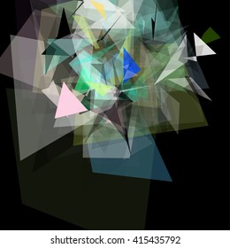 Abstract geometric pattern consisting of triangles of various sizes and transparency on a black background