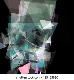 Abstract geometric pattern consisting of triangles of various sizes and transparency on a black background