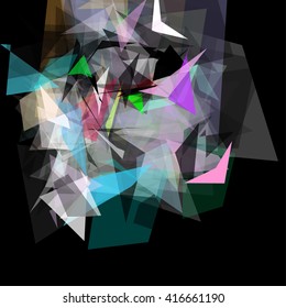 Abstract geometric pattern consisting of triangles of various sizes and transparency on a black background