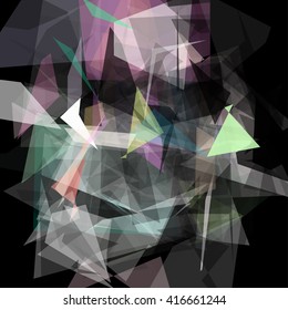 Abstract geometric pattern consisting of triangles of various sizes and transparency on a black background