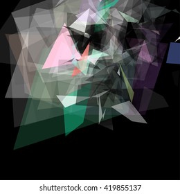 Abstract geometric pattern consisting of triangles of various sizes and transparency on a black background