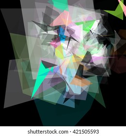 Abstract geometric pattern consisting of triangles of various sizes and transparency on a black background