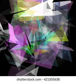 Abstract geometric pattern consisting of triangles of various sizes and transparency on a black background