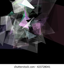 Abstract geometric pattern consisting of triangles of various sizes and transparency on a black background
