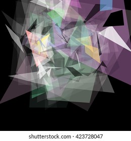 Abstract geometric pattern consisting of triangles of various sizes and transparency on a black background