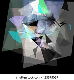 Abstract geometric pattern consisting of triangles of various sizes and transparency on a black background