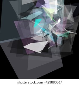 Abstract geometric pattern consisting of triangles of various sizes and transparency on a black background