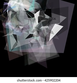 Abstract geometric pattern consisting of triangles of various sizes and transparency on a black background