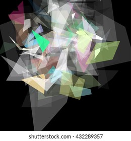 Abstract geometric pattern consisting of triangles of various sizes and transparency on a black background