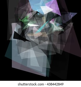 Abstract geometric pattern consisting of triangles of various sizes and transparency on a black background