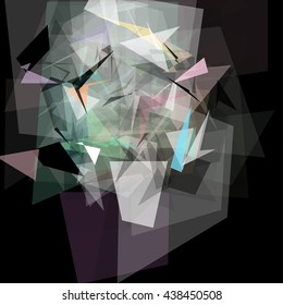 Abstract geometric pattern consisting of triangles of various sizes and transparency on a black background