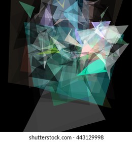 Abstract geometric pattern consisting of triangles of various sizes and transparency on a black background