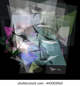 Abstract geometric pattern consisting of triangles of various sizes and transparency on a black background