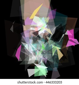 Abstract geometric pattern consisting of triangles of various sizes and transparency on a black background