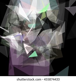 Abstract geometric pattern consisting of triangles of various sizes and transparency on a black background