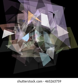 Abstract geometric pattern consisting of triangles of various sizes and transparency on a black background