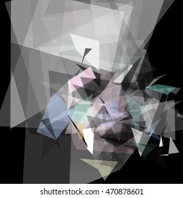 Abstract geometric pattern consisting of triangles of various sizes and transparency on a black background
