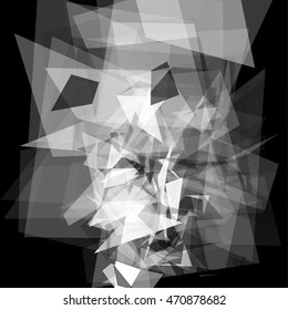 Abstract geometric pattern consisting of triangles of various sizes and transparency on a black background