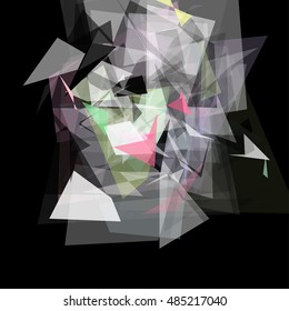 Abstract geometric pattern consisting of triangles of various sizes and transparency on a black background