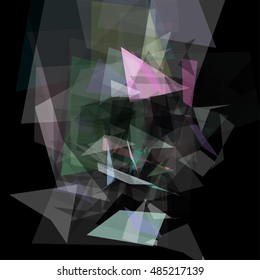 Abstract geometric pattern consisting of triangles of various sizes and transparency on a black background