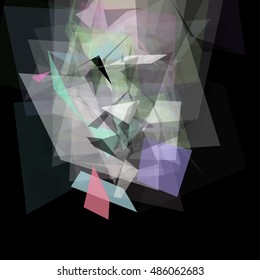 Abstract geometric pattern consisting of triangles of various sizes and transparency on a black background