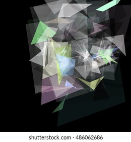 Abstract geometric pattern consisting of triangles of various sizes and transparency on a black background