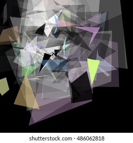 Abstract geometric pattern consisting of triangles of various sizes and transparency on a black background