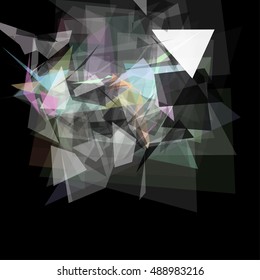 Abstract geometric pattern consisting of triangles of various sizes and transparency on a black background