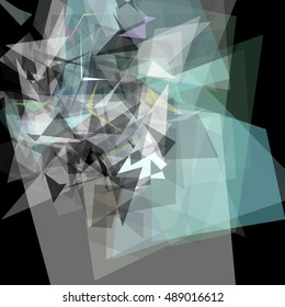 Abstract geometric pattern consisting of triangles of various sizes and transparency on a black background