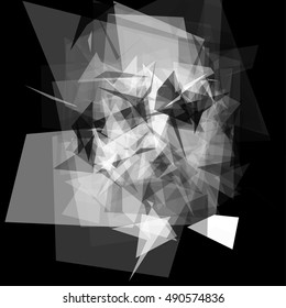 Abstract geometric pattern consisting of triangles of various sizes and transparency on a black background