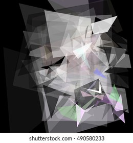 Abstract geometric pattern consisting of triangles of various sizes and transparency on a black background