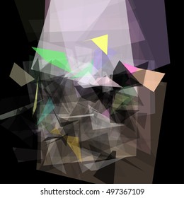 Abstract geometric pattern consisting of triangles of various sizes and transparency on a black background