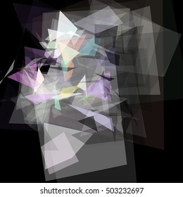 Abstract geometric pattern consisting of triangles of various sizes and transparency on a black background