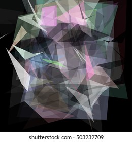 Abstract geometric pattern consisting of triangles of various sizes and transparency on a black background