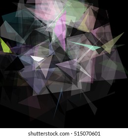 Abstract geometric pattern consisting of triangles of various sizes and transparency on a black background