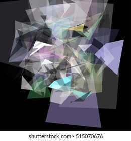 Abstract geometric pattern consisting of triangles of various sizes and transparency on a black background