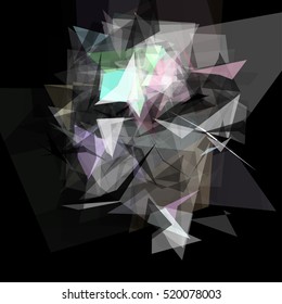 Abstract geometric pattern consisting of triangles of various sizes and transparency on a black background